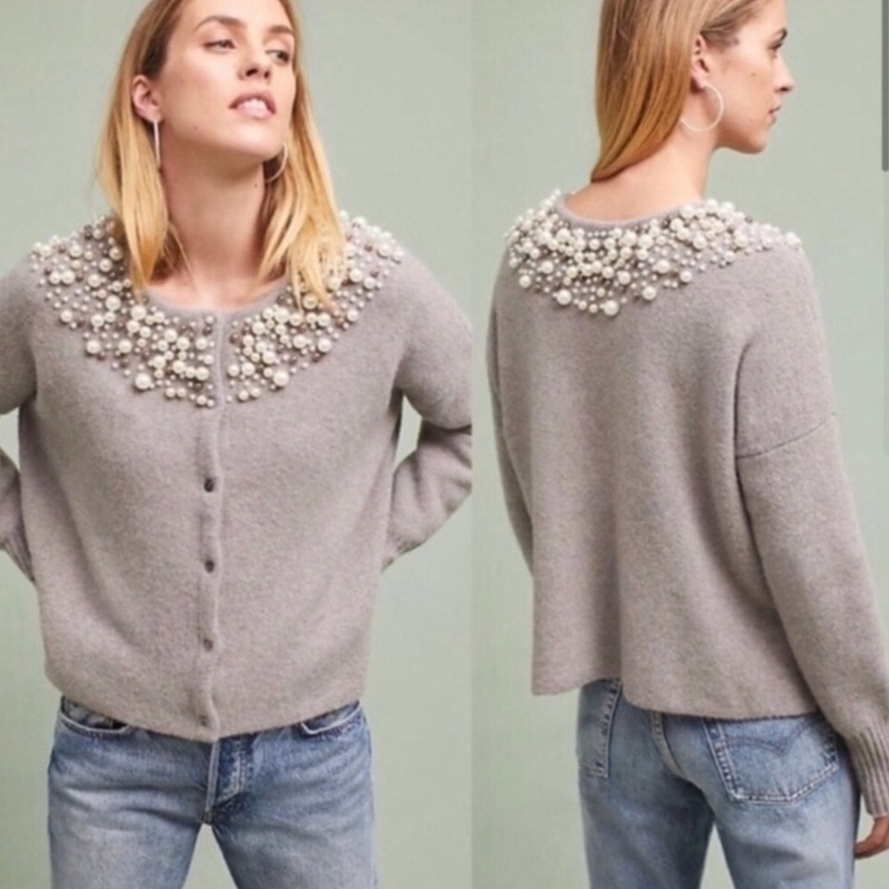 Anthropologie Moth Faux Pearl Cardigan Size XS Gray